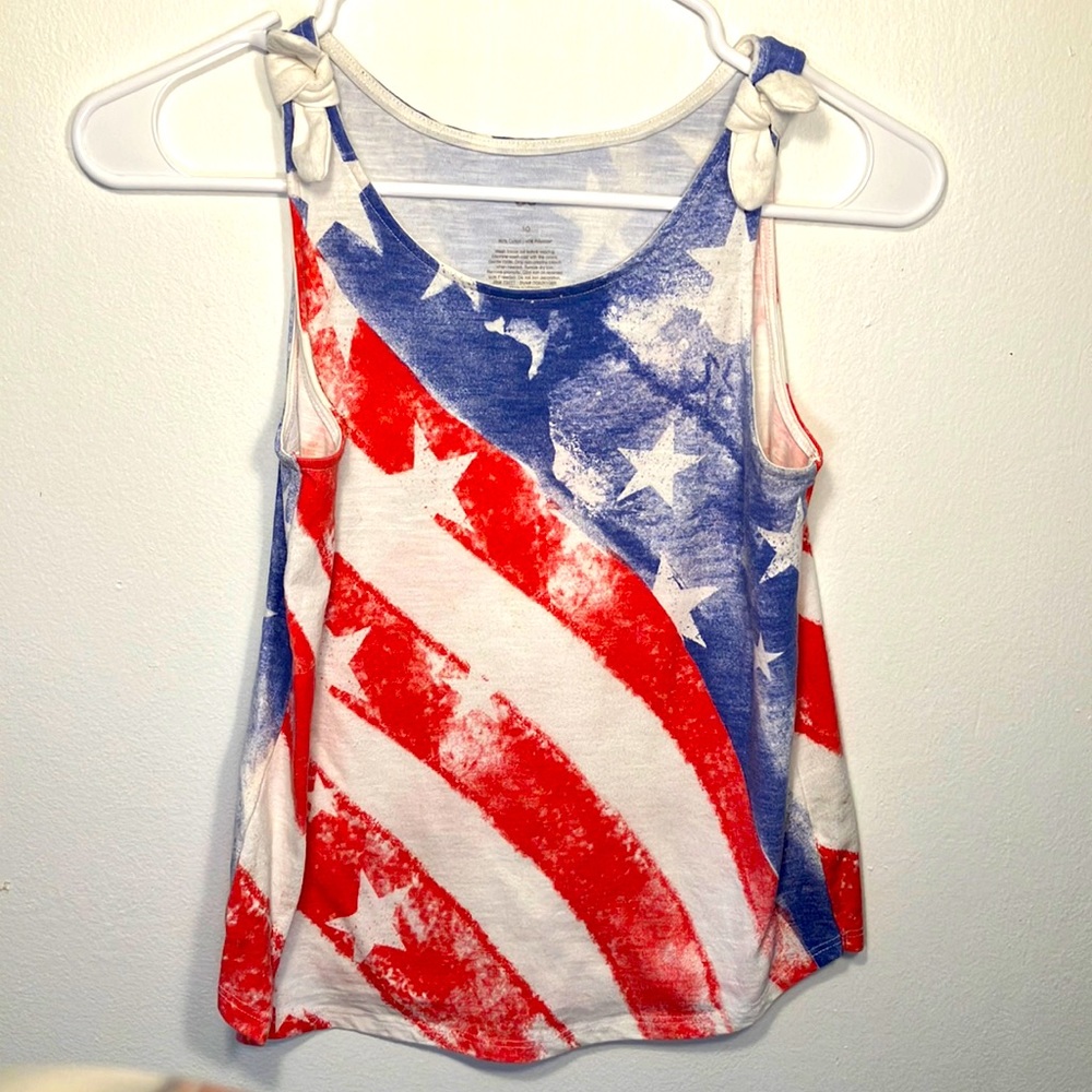 Youth size tank top red, white, and blue with knot shoulder straps.